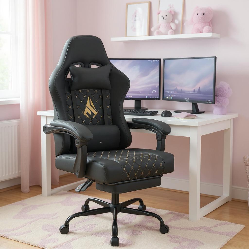Chaise Gaming PremiumDesk™ – Repose-Pieds Intégré & Accoudoirs Réglables